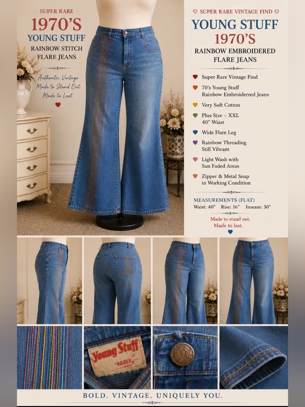 Vintage 70’s -Young Stuff- Plus Size -Blue Denim Flared Jeans Rainbow Stitching
